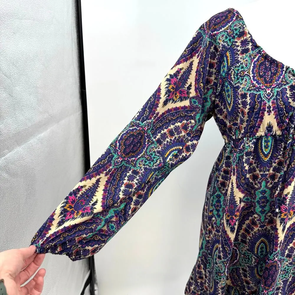 Earthbound Long Sleeve Midi Dress M Purple Paisley Y2K Tie Neck Babydoll Boho - Picture 4 of 9